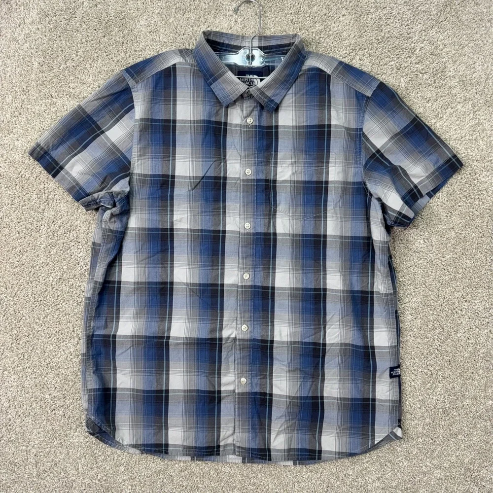 The North Face Button Down Shirt Men XL Blue Plaid Short Sleeve Casual Outdoor